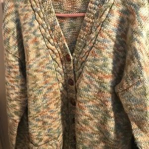 Homemade hand knit mottled color button up sweater